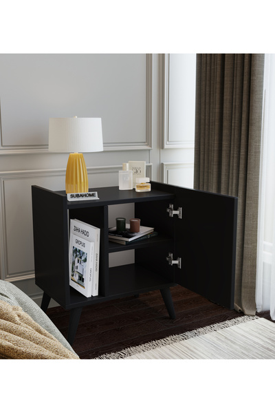 subahome 50 Cm Mdf Modern Ayaklı Siyah Komodin Çok Amaçlı Dolap Yan Sehpa Plak Dolabı Koltuk Yanı Sehpa