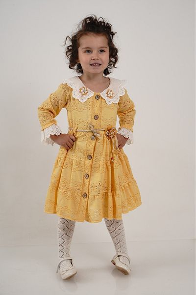 ÖRZİKİDS Belted Long Sleeve Embroidered Lace Dress
