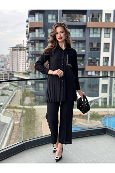 BERNEO طقم بنطلون قميص نسائي مزين بالأحجار من قطعتين