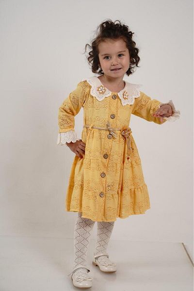 ÖRZİKİDS Belted Long Sleeve Embroidered Lace Dress