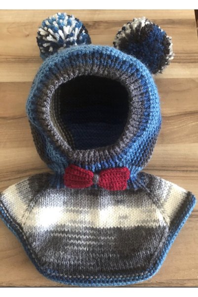 Sistaful El Örgüsü Erkek Bebek Çocuk Kar Maskesi Balaklava Ponponlu Bere