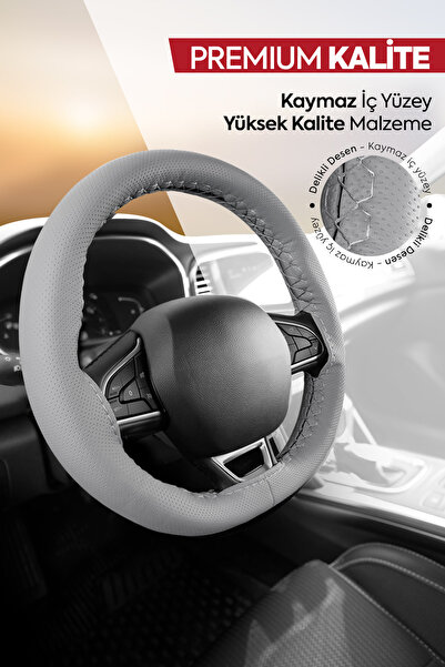 Otom Dikişli Direksiyon Kılıfı Delikli Deri Gri-gri Dk-205