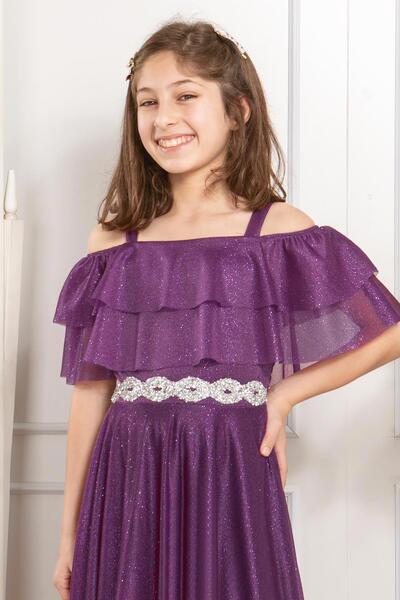 SUBU TASARIM Βραδινό φόρεμα με λεπτομέρεια από τούλι με λάμψη μωβ Mdv314