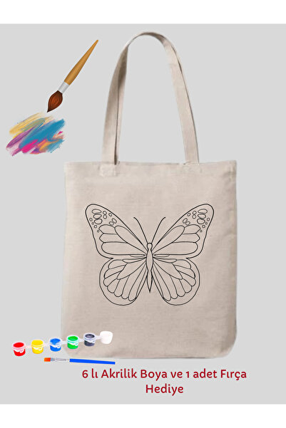 Cemira Mandala Kelebek Boyama Çantası Hobi 35*40 Cm Ham Bez Çanta Boyama