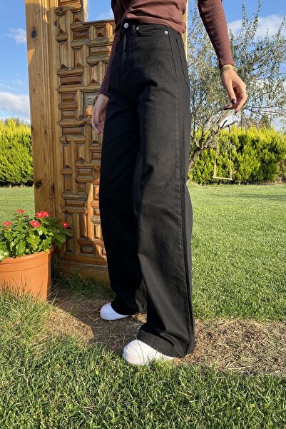 DRC trend بنطلون جينز أسود عالي الخصر من الليكرا فضفاض من قماش الدنيم أسود وا...