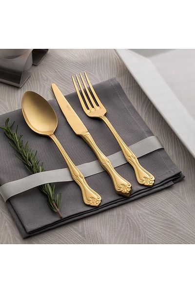 Nehir Lalezar Titan Gold Satin 84 Pieces 12 Person Cutlery Set