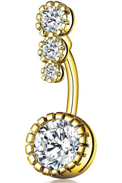 VipBT Kasisli 4 Zirkon Taşlı 316l Cerrahi Çelik Göbek Piercing Altın Sarısı