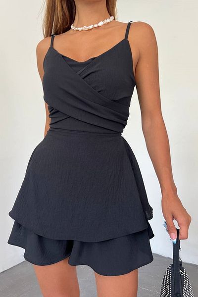 lovebox Women's Aerobin Fabric Collar Cross Detail Skirt Flounced Strap Black Jumpsuit 7034