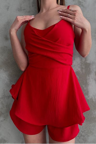 lovebox Women's Aerobin Fabric Collar Cross Detail Skirt Flounced Strap Red Jumpsuit 7034