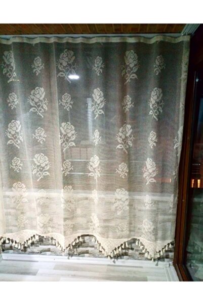 Mandaş Buldan Tül Perde El Işi Dantelli Naturel Gül Çiçek Desen(190X250)