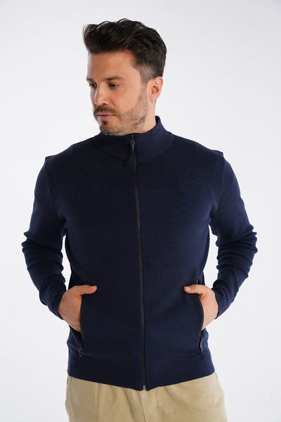 Trist Star Чоловічий темно-синій кардиган з прямим коміром, застібкою-блискавкою та кишенями, 100% бавовна, Trist-1200