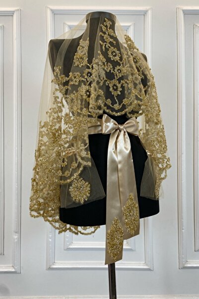 ZEYMERADE طقم حجاب زفاف ذهبي، طقم حجاب حناء مطبوع عليه خرز زجاجي وترتر، 6 قطع