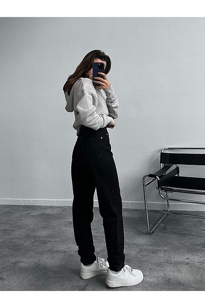 Geppetto Leo Penelope Pantaloni de damă negru din Lycra cu talie înaltă Boyfriend Mom Jean C599
