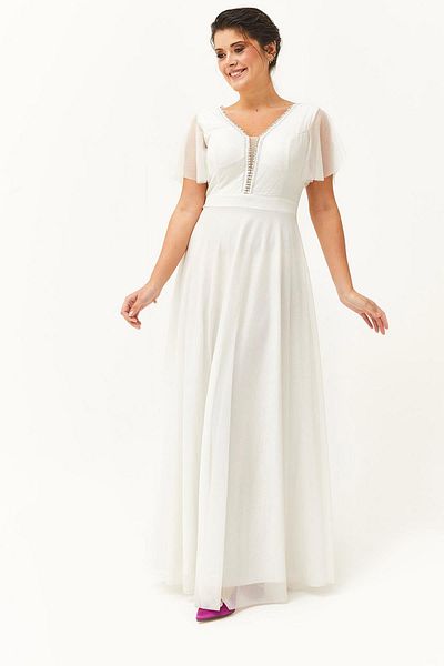 Ebsumu Women's Plus Size Collar Bead Detailed Long White Evening Dress & Wedding Dress