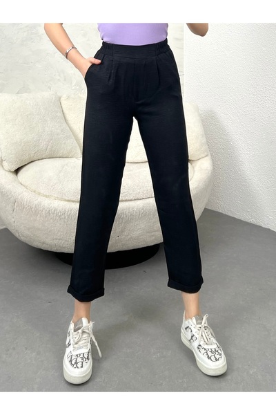 modavingo KADIN SİYAH DUBLE PAÇA KETEN PANTOLON
