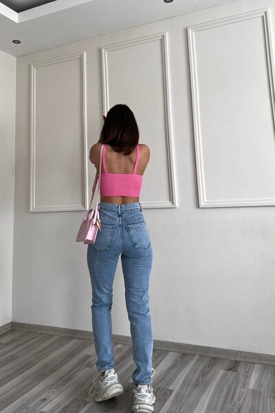 ByCukurovaFrango Leo 90s DoraLara - Blue Lycra Mom Jean cu talie înaltă