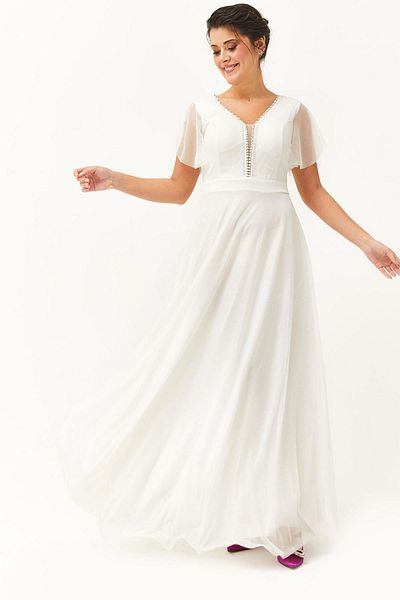 Ebsumu Women's Plus Size Collar Bead Detailed Long White Evening Dress & Wedding Dress