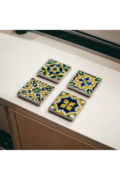 Baumatelier Dark Green and Yellow Tile Pattern, Tile Pattern Themed Natural Stone Travertine Coaster Set of 4