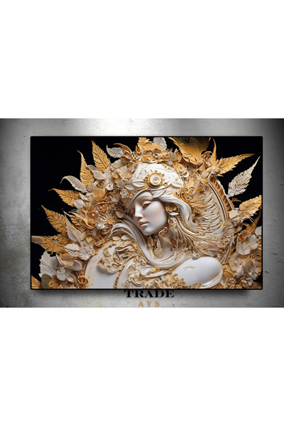 TRADE AYS Özel Tasarım Gold & Beyaz çizimli Kadın Dekoratif Kanvas Duvar Tablo