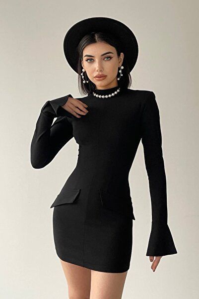 lovebox Dámská krepová látka Umělá kapsa Detailní Stojánek Límec Dlouhý rukáv Černé večerní mini šaty 216