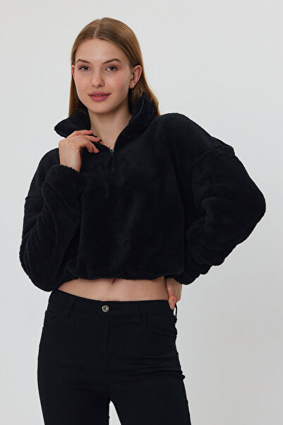 success life Kadın Yarım Fermuar Peluş Düşük Omuz Kısa Oversize Crop Sweatshirt
