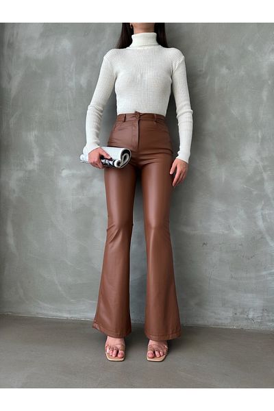AÈC PRIVÈ Pantaloni de damă din piele spaghetti cu talie înaltă, maro amar