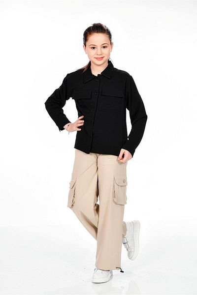 RAMON&ARTOS Palazzo Parachute Leg Clip Rubber Adjustable Girl's Trousers with Cargo Pockets