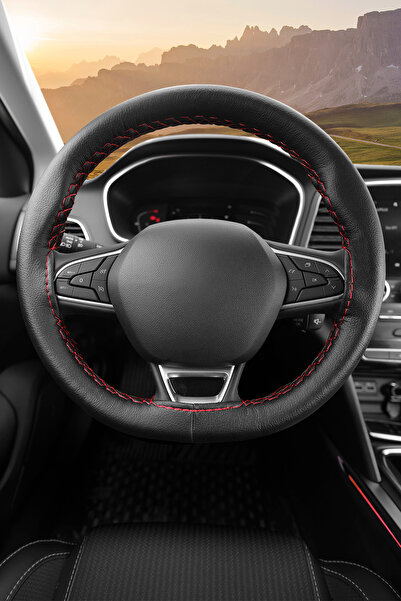 Otom Direksiyon Kılıfı Dikişli Deri Siyah Kırmızı DK-103
