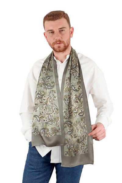Bursa İpek Green Shawl Pattern Men's Silk Scarf
