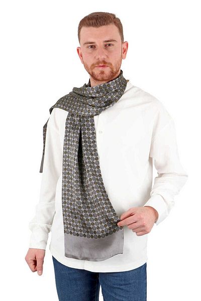 Bursa İpek Gray Flower Pattern Men's Silk Scarf