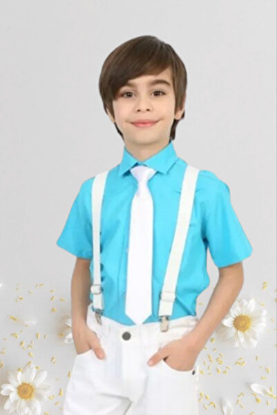 Nacar Erkek Çocuk 23 Nisan Kısa Kol Açık Mavi Gömlek Keten Gösteri Kutlama 024