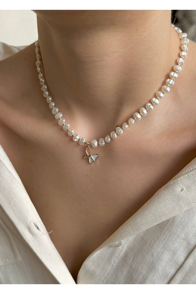 takıtarzım Beyaz kelebek mineli kadın inci kolye