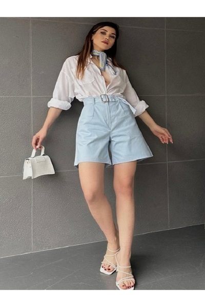 SOPHİA STAR Yüksek Bel Geniş Paça Kuş Gözü Kemerli Mom Şort