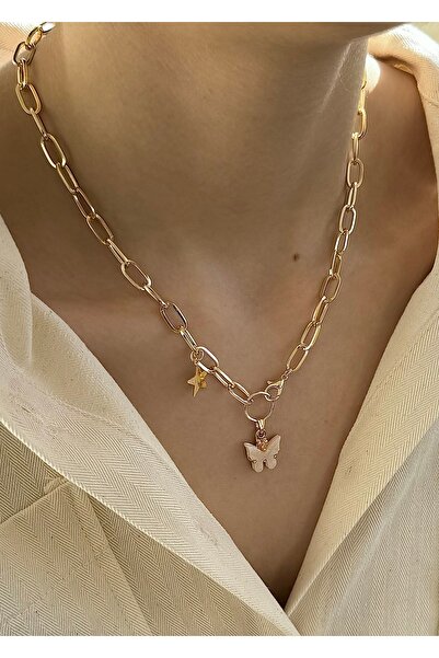 takıtarzım Altın Kaplama Charm Kelebek Yıldız Figürlü Kadın Kolye