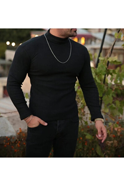 Lushen Siyah Uzun Kollu Yarım Boğazlı Balıkçı Yaka Likralı Penye Badi Body