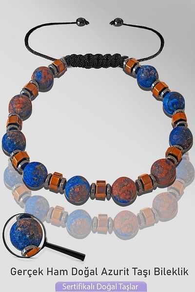 Tesbih Atölyesi Certified Natural Raw Azurite Stone Bracelet - Adjustable