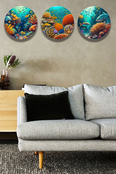 Nod Ilustrație de viață submarină Model de pictură din lemn din 3 piese, sufragerie, dormitor, birou, decorarea peretelui casei
