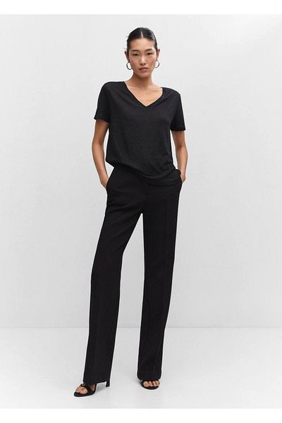 MANGO Woman Linen T-shirt with V-neck