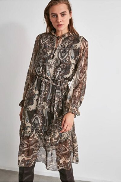 Bohostic Çok Renkli Kuşaklı Etnik Desenli Mavi Elbise