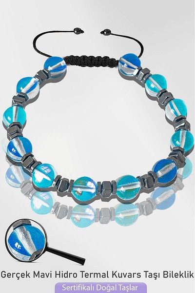 Tesbih Atölyesi Certified Real Blue Hydro Thermal Quartz Stone Bracelet - Adjustable