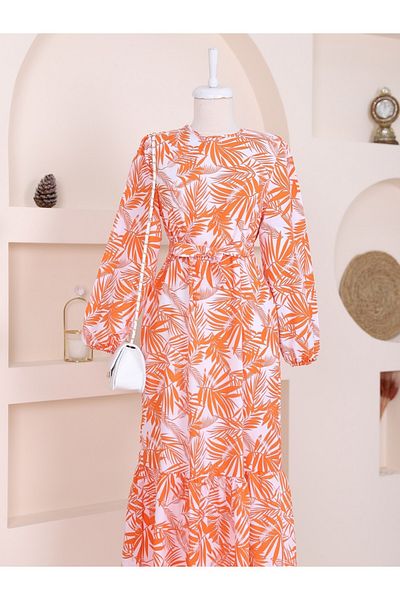 Modamorfo Kleid mit Palmenmuster und elastischen Ärmeln
