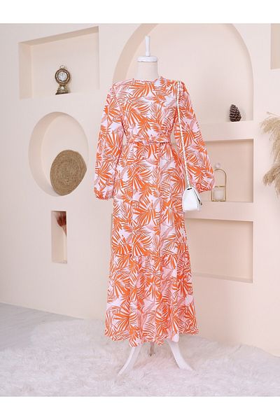 Modamorfo Kleid mit Palmenmuster und elastischen Ärmeln
