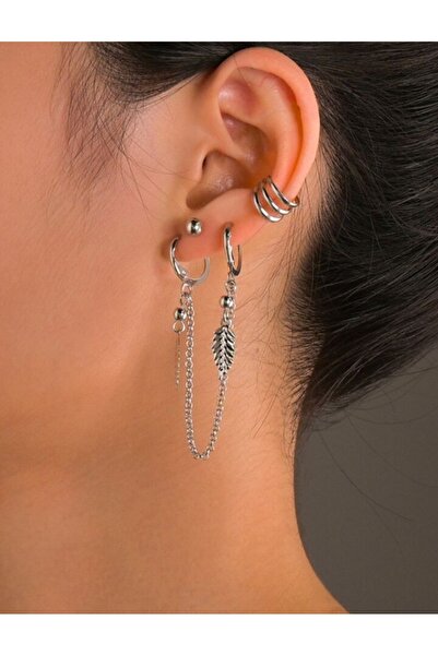 TakıConcept 4lü Set Kıkırdak Küpe Yaprak Detaylı Küpe, Kadın Küpe