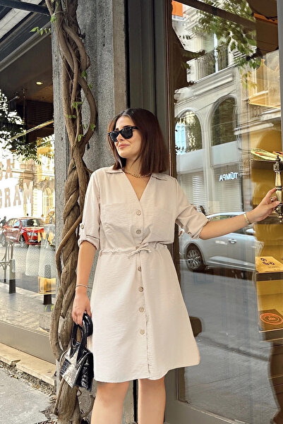 Buklemoda Gömlek Yaka Bel Bağlamalı Salaş Elbise