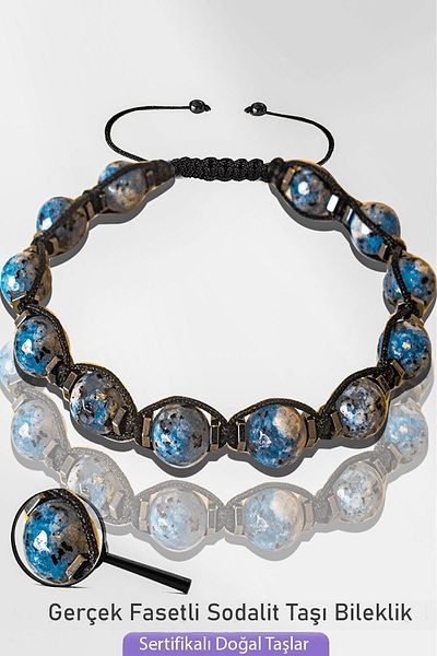Tesbih Atölyesi Certified Macrame Natural Faceted Sodalite Stone Bracelet - Adjustable