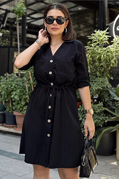 Buklemoda Gömlek Yaka Bel Bağlamalı Salaş Elbise