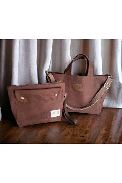 Medium Brown Canvas Crossbody Handbag & Organizer / Clutch Set