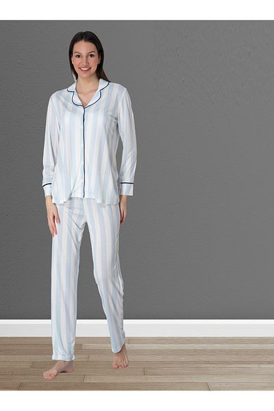 by İGP Set de pijamale pentru femei Effortt Cotton Blue cu dungi în față, cu mânecă lungă, cu nasturi