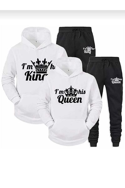 PERISENSE Unisex Lover Couple Combination King Queen Σετ φόρμας με κουκούλα με στάμπα σετ 2 τεμαχίων