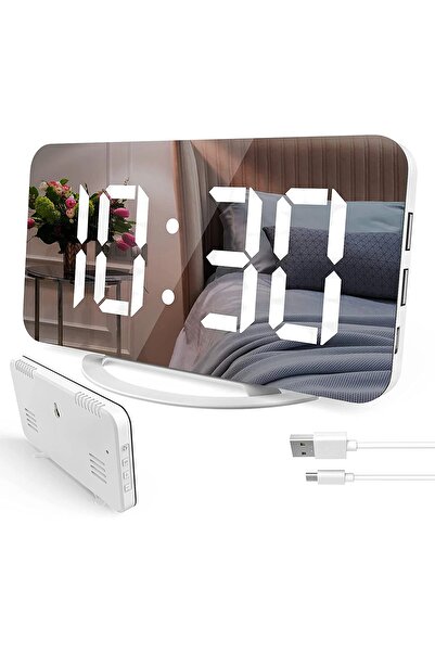 TechTic Aynalı Çift Usb’li Aynalı Masa Saati Alarm Dijital Ekran Duvar Saati Ev Ofis Parlıklık Ayarlı